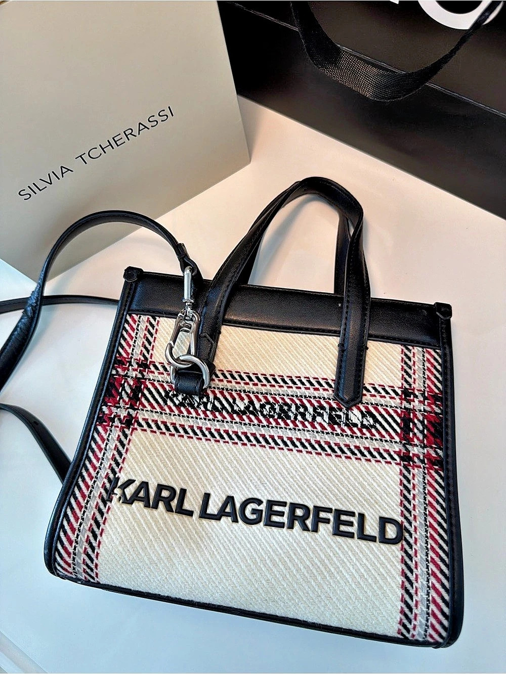 Karl Lagerfeld Plaid Tote in White & Black